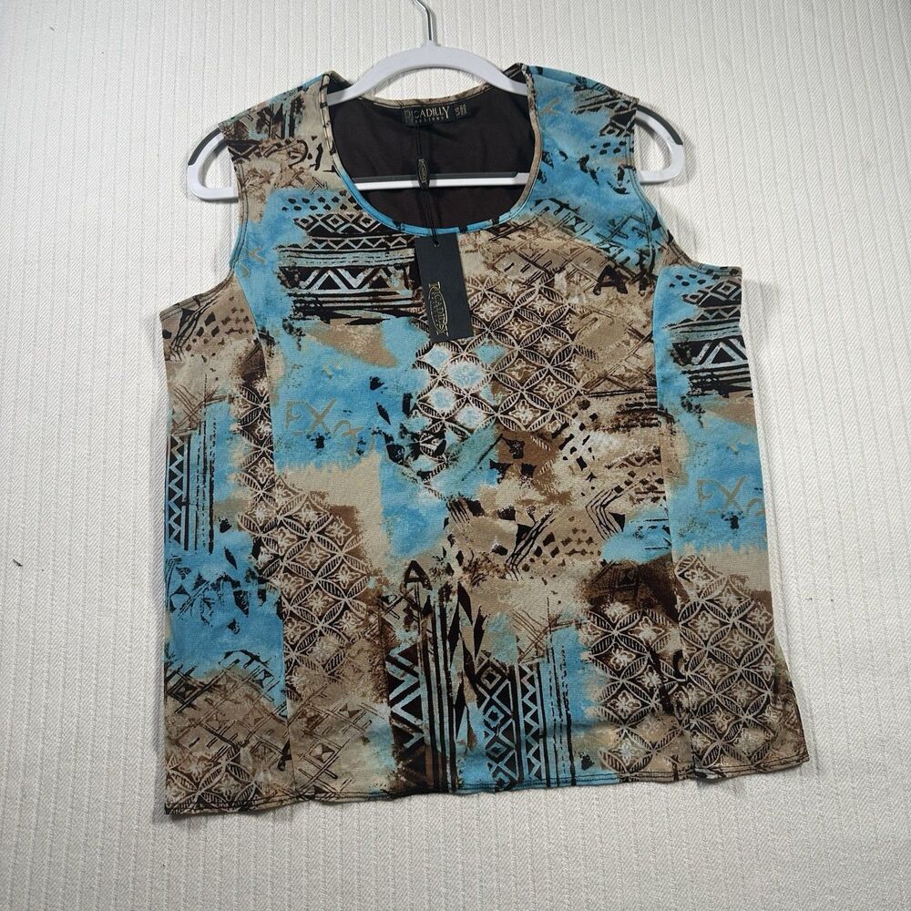 Picadilly Fashions Women Tank Top Large Blue Brown Geometric